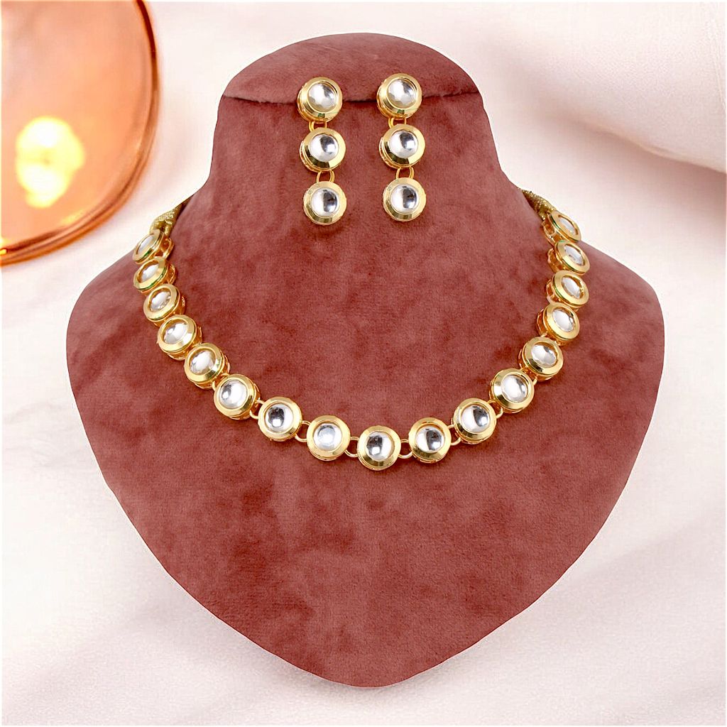 LUCKY JEWELLERY Back Meenakari 18K Gold Plated White color Uncut One Line Round Kundan Stone Necklace Set with Earrings Women & Girls (393-J5SK-1903)