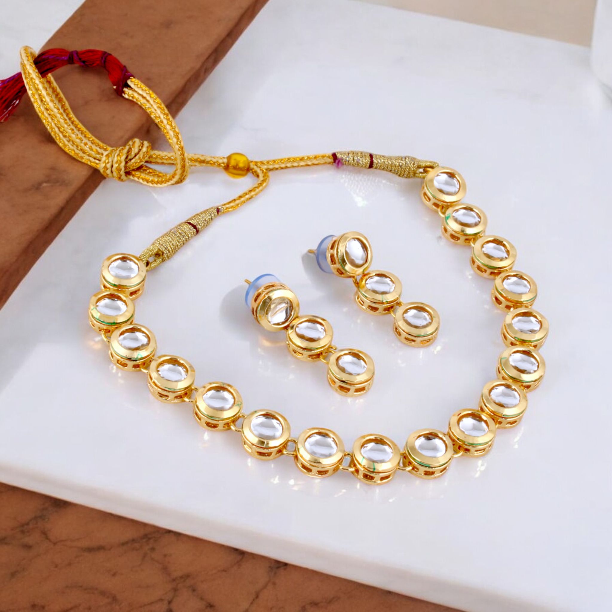LUCKY JEWELLERY Back Meenakari 18K Gold Plated White color Uncut One Line Round Kundan Stone Necklace Set with Earrings Women & Girls (395-J5SK-1994)