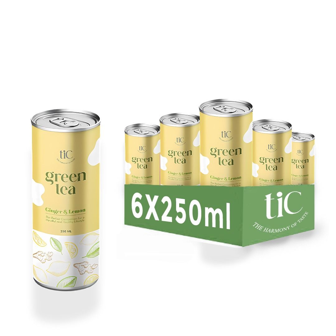 TIC Ginger & Lemon Iced Green Tea | 250ml Pack of 6 | Refreshing Low-Calorie Beverage | Brewed with natural Green tea sweetened with natural Jaggery for a Pure and Authentic Flavor