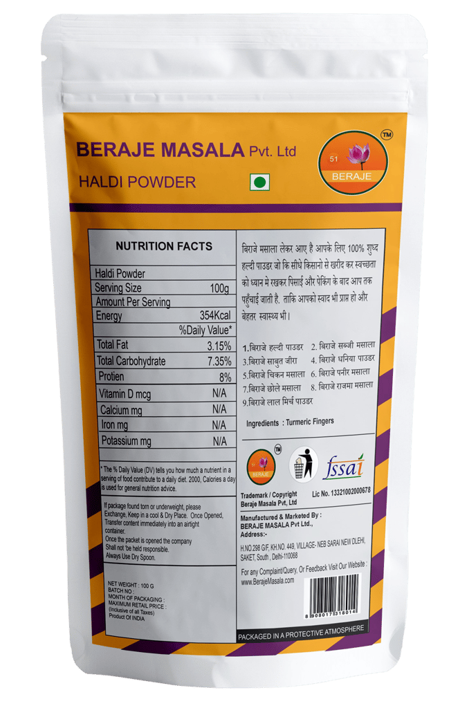 Beraje Masala Organic Turmeric Powder 100g, Haldi Powder