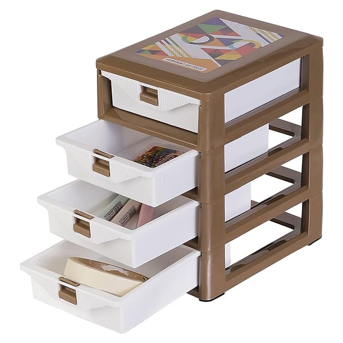 UNMEE Lock it 4 Tier Small Storage Drawer Set of 1, for Parlor, Office, Makeup Kit, Doctors, School, Home, Cosmetic, Dressing Table, Brush Kits Organiser, Brown