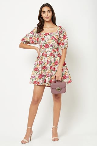Chic Red Cinched Floral Linen Holiday Dress Summer main image 1