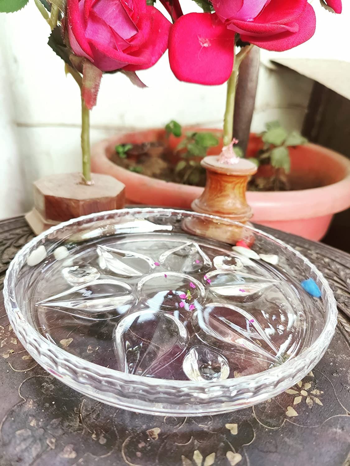 Patwari Arts Crystal Floral Design Serving Glass Plate for Home Kitchen and Dinning Table, 7X7 Inches Transparent Plates Pack- 1.