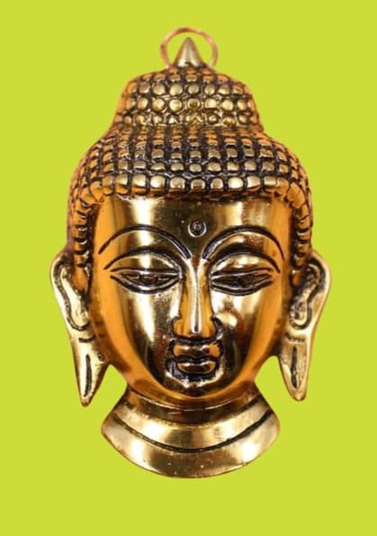 Golden Antique Finish Buddha Face Wall Hanging for Serene Home Decor and Buddhist Gifts.