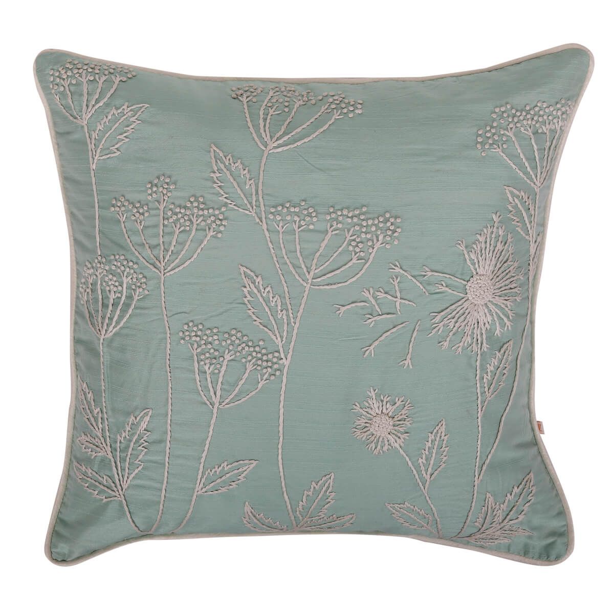 French Knot Embroidery Spring Blossom Sea Blue Cotton Slub Silk Cushion Cover Size 16"x16"