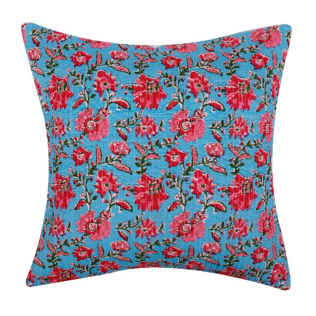 Jaipur Hand Block Print Pink Wild Flowers Quilted Blue Colour Cotton Cushion Cover - 16"x16" Size