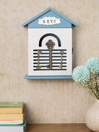 Blue & White Wood House Key Organizer Box