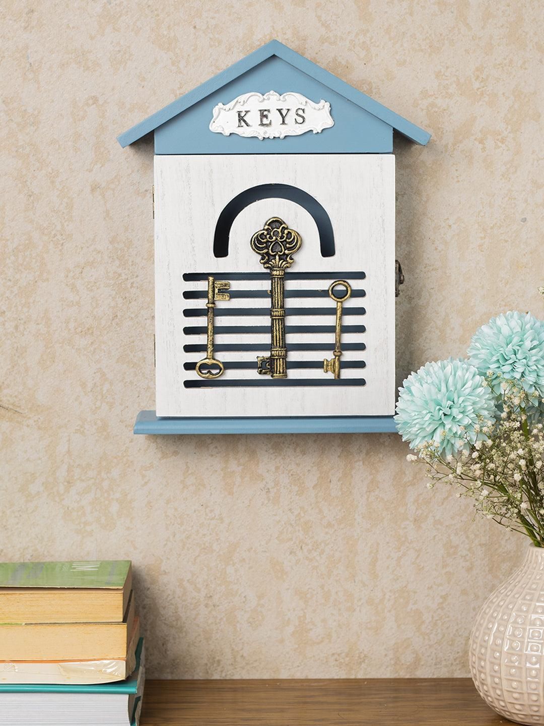 Blue & White Wood House Key Organizer Box