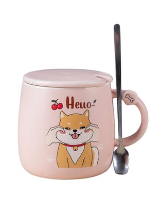 HELLO' Coffee Mug With Lid - Pink, Cat, 420 Ml