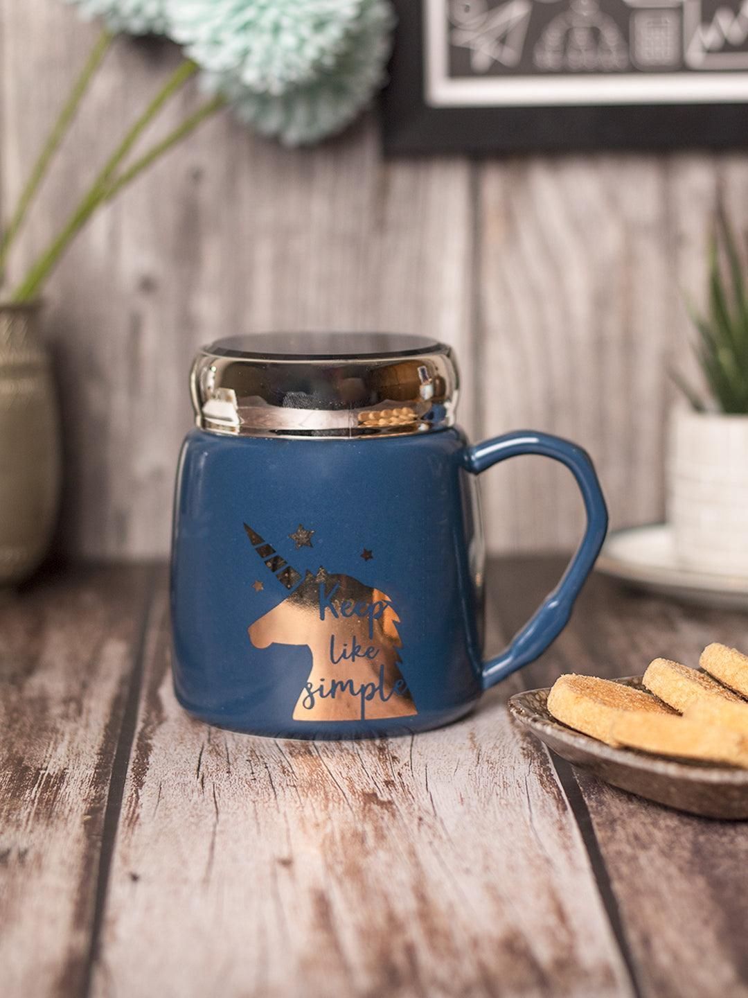 Keep Like Simple' Coffee Mug With Lid - Blue, 360Ml