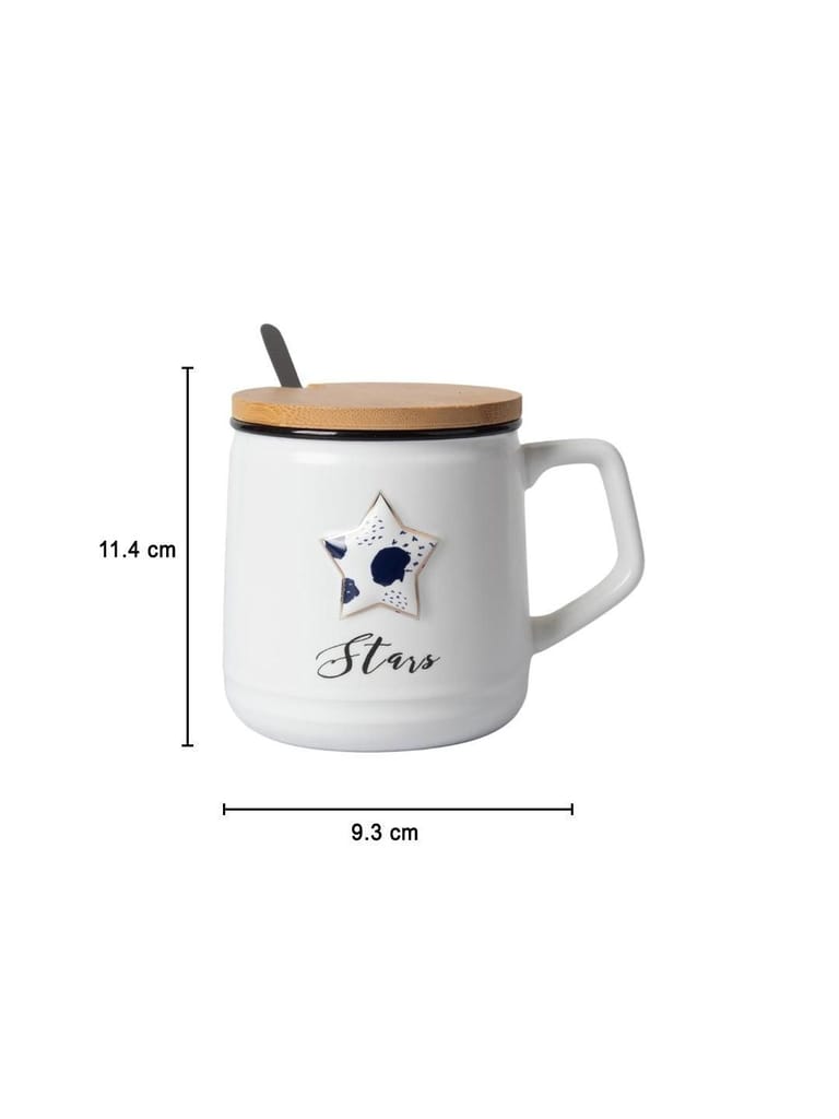 Star Ceramic Coffee Mug With Lid - 350 ml, Stirring Spoon