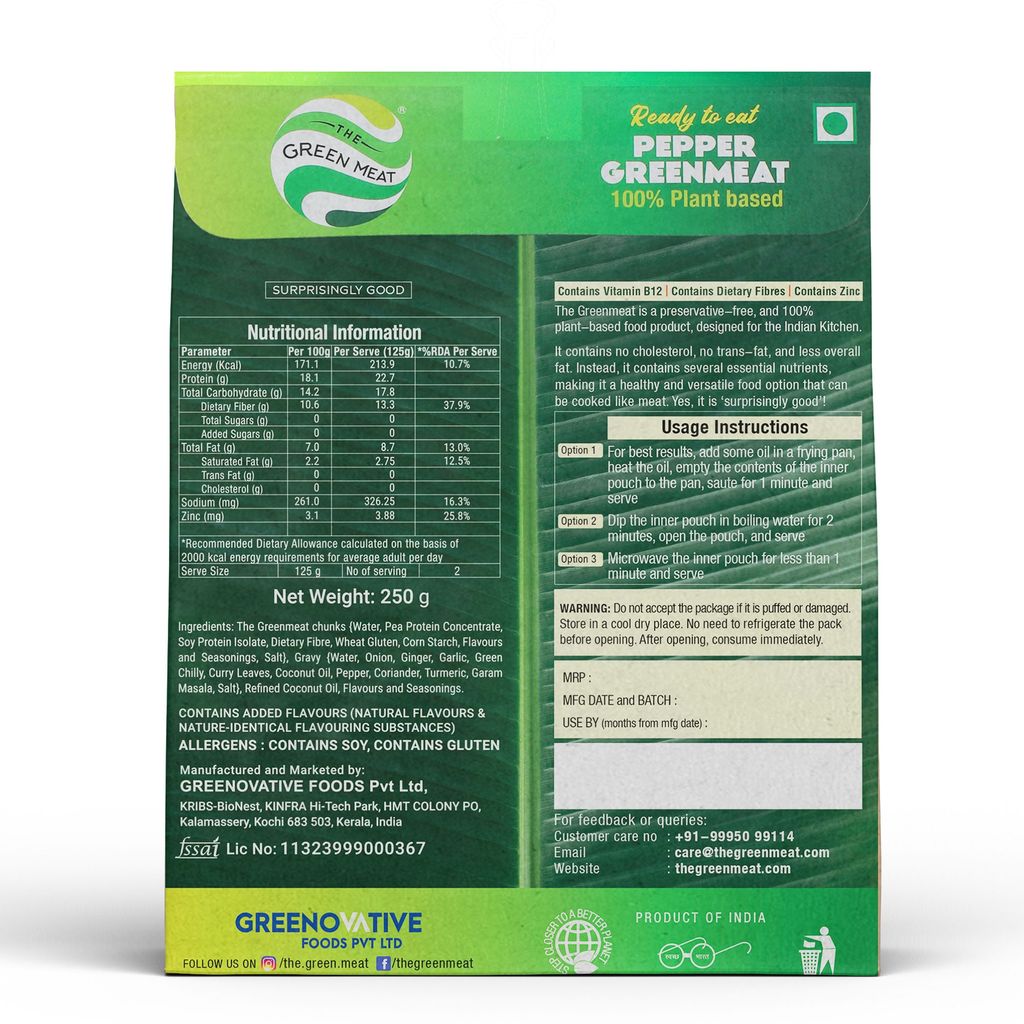 Pepper Greenmeat | Plant based & Vegetarian Meat Substitute | Ready to Eat | 250g