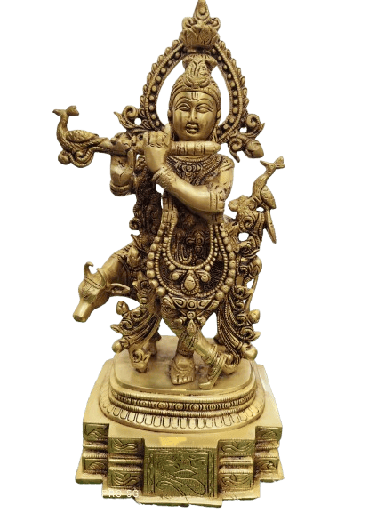 Dancing Lord Krishna Brass Statue Playing Flute with Birds and Cow