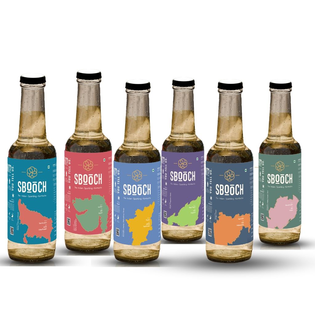 SBOOCH - Indian Sparkling Kombucha Tea - 6 Different Flavors / Cultures of India All Natural | Gut Friendly | Antioxidant | Zero Preservatives | NO Artificial Flavors or Additives | Fermented Beverage Tea | 275ml (Pack of 6)