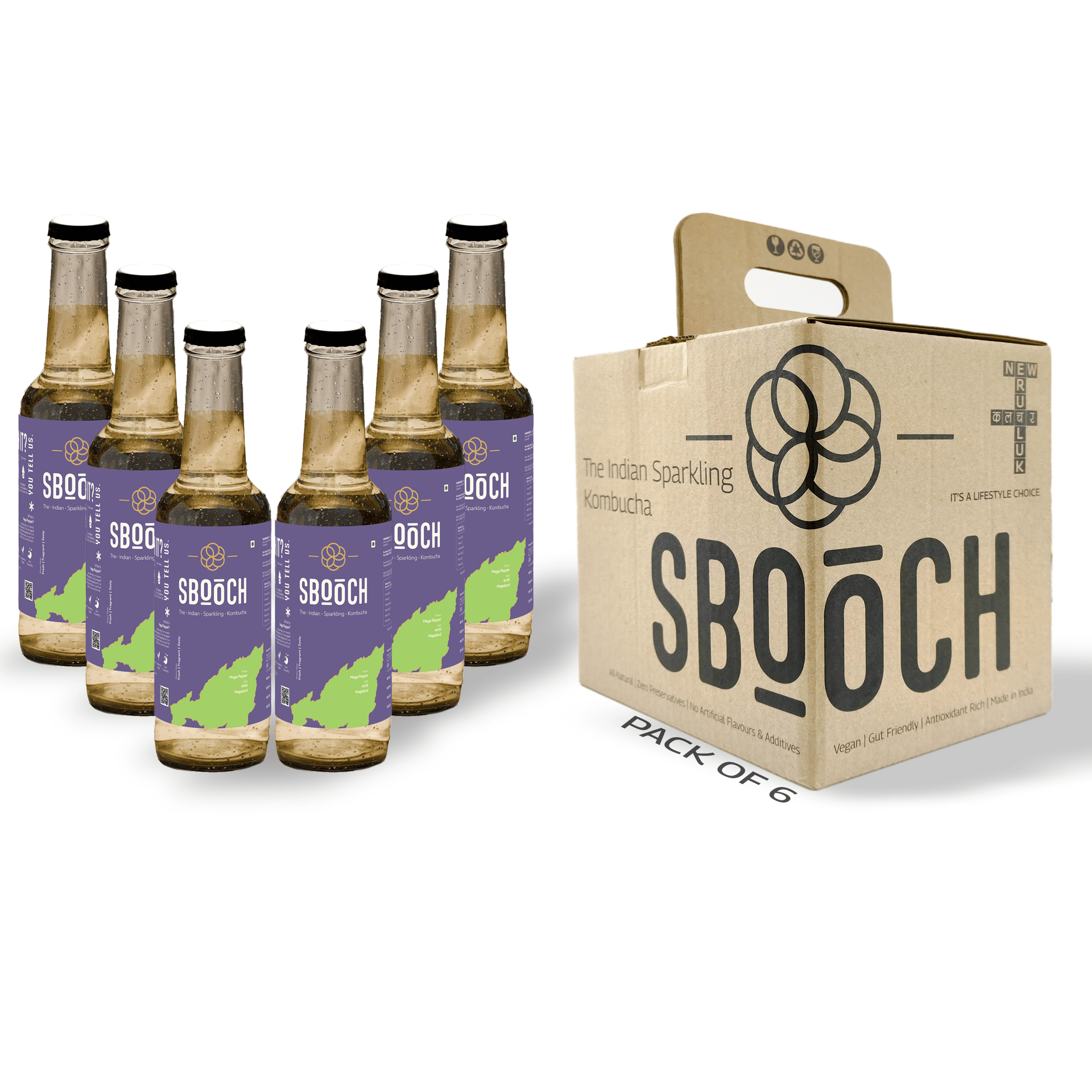 SBOOCH - Indian Sparkling Kombucha Tea | Naga Pepper Flavor, All Natural | Gut Friendly | Antioxidant | Zero Preservatives | NO Artificial Flavors or Additives | Fermented Beverage Tea | 275ml (Pack of 6)