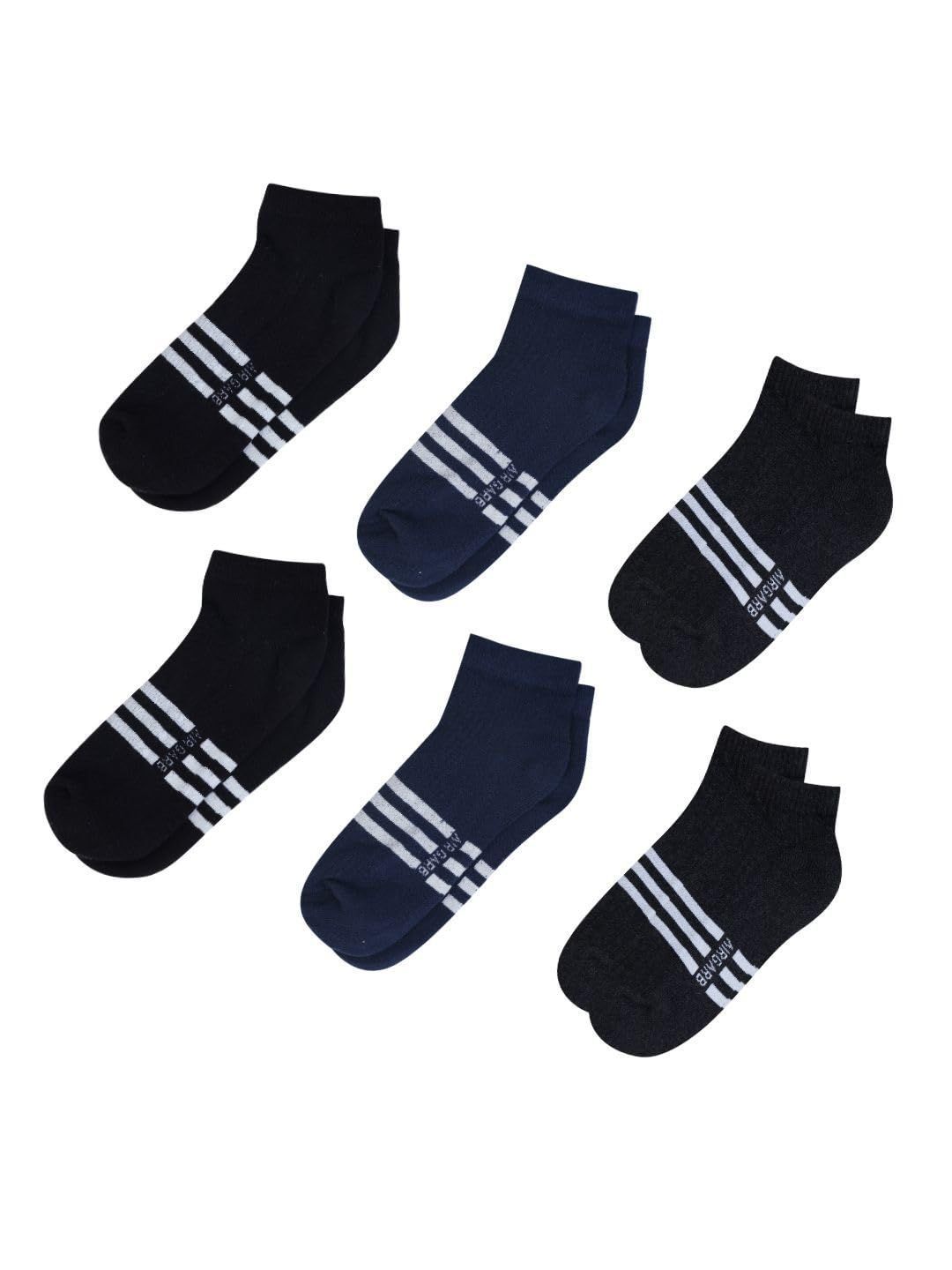 AirGarb Stylish Striped Low Ankle Cotton Socks for Men and Women: Comfortable Cushioning & Breathable Design Pack of 6 - LST6BL2B2M2 (Free Size) Multi Color