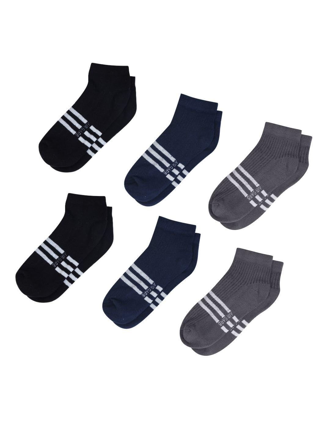 AirGarb Stylish Striped Low Ankle Cotton Socks for Men and Women: Comfortable Cushioning & Breathable Design Pack of 6 - LST6BL2B2A2 (Free Size) Multi Color