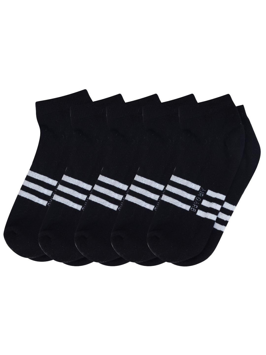 AirGarb Stylish Striped Low Ankle Cotton Socks for Men and Women: Comfortable Cushioning & Breathable Design Pack of 5 - LST5BL (Free Size) Black