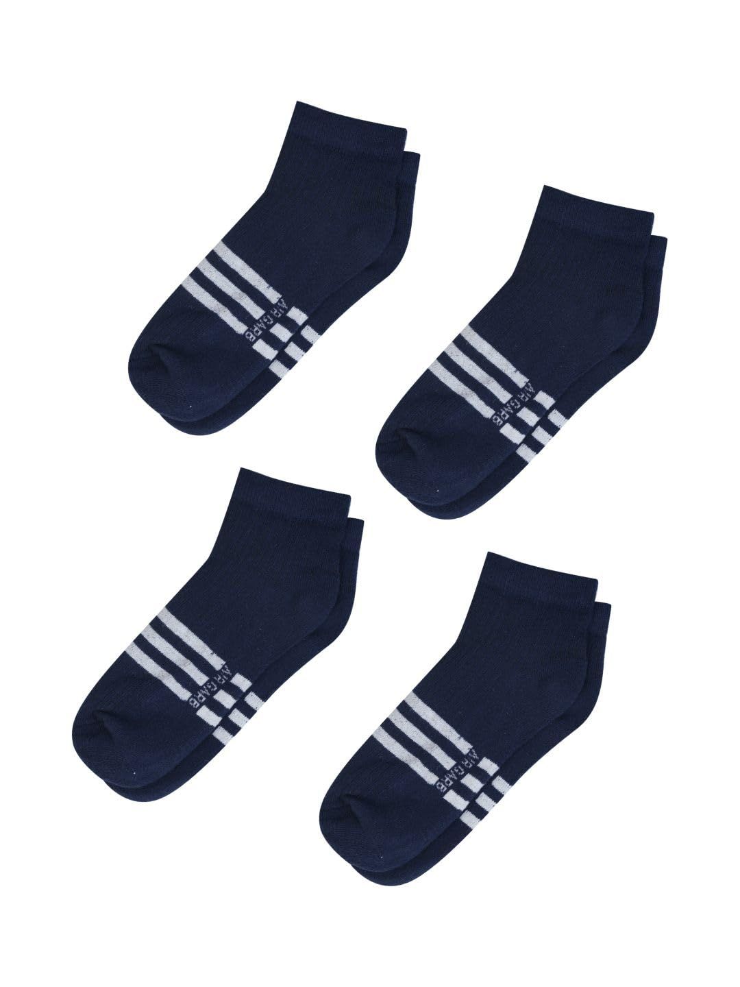 AirGarb Stylish Striped Low Ankle Cotton Socks for Men and Women: Comfortable Cushioning & Breathable Design Pack of 4 - LST4B (Free Size) Navy Blue