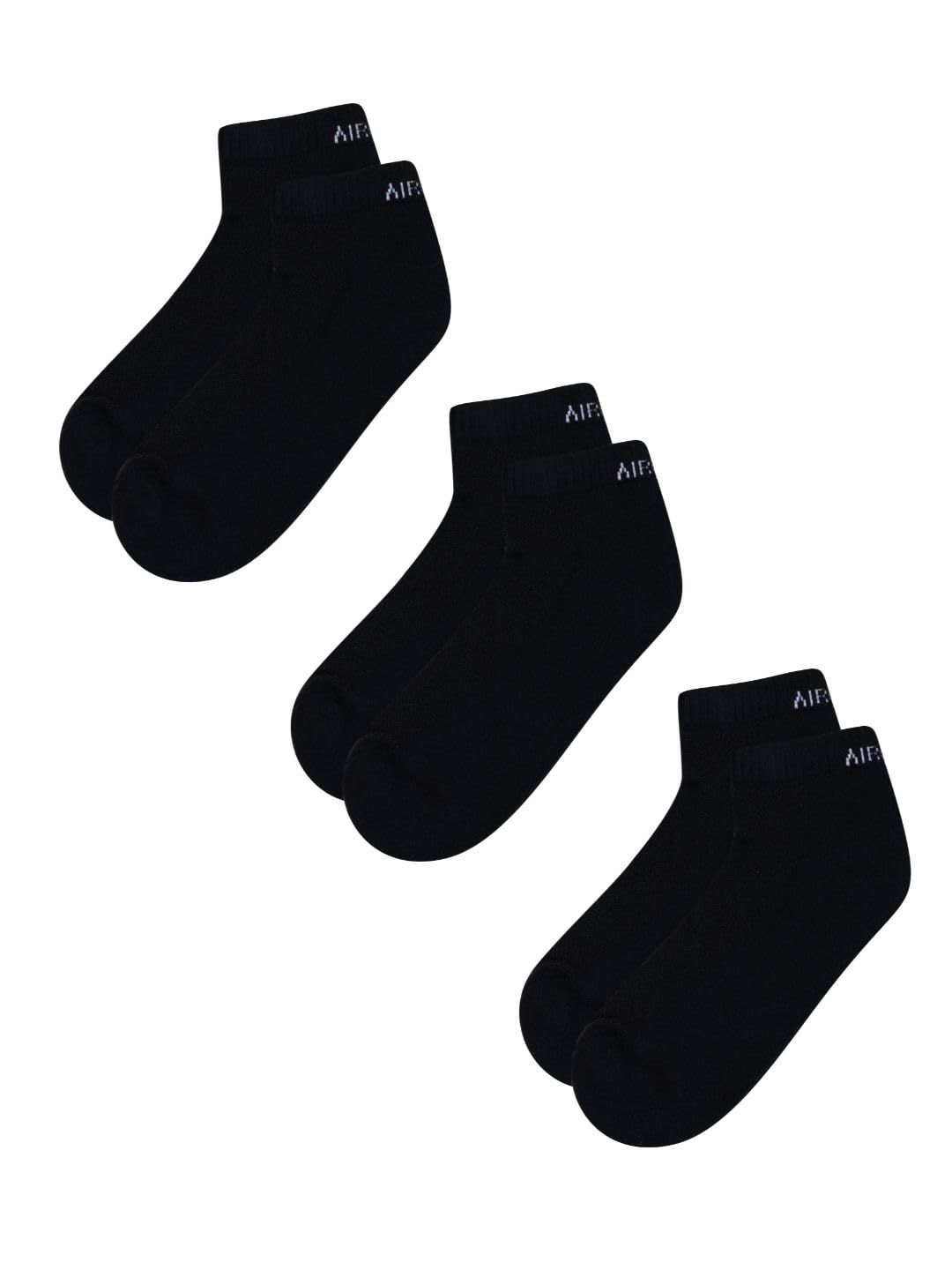 AirGarb Pure Cotton Low Ankle Plain Solid Socks for Men/Women: Cushioned Comfort & Breathable Mesh (Pack of 3) - Black