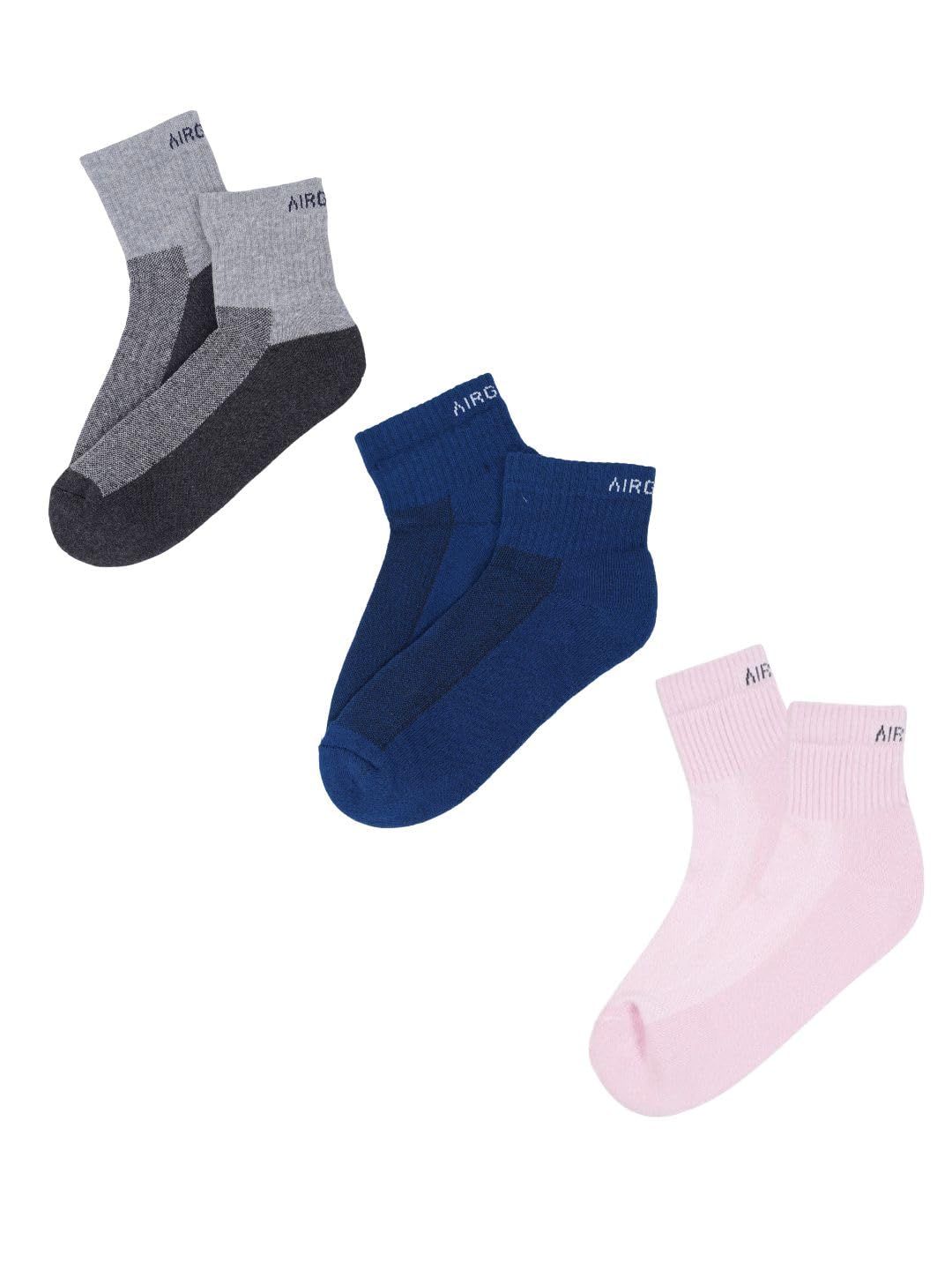 AirGarb Premium Cotton Cushioned High Ankle Socks Pack of 3 - HA3DGP (Free Size) Multi Color