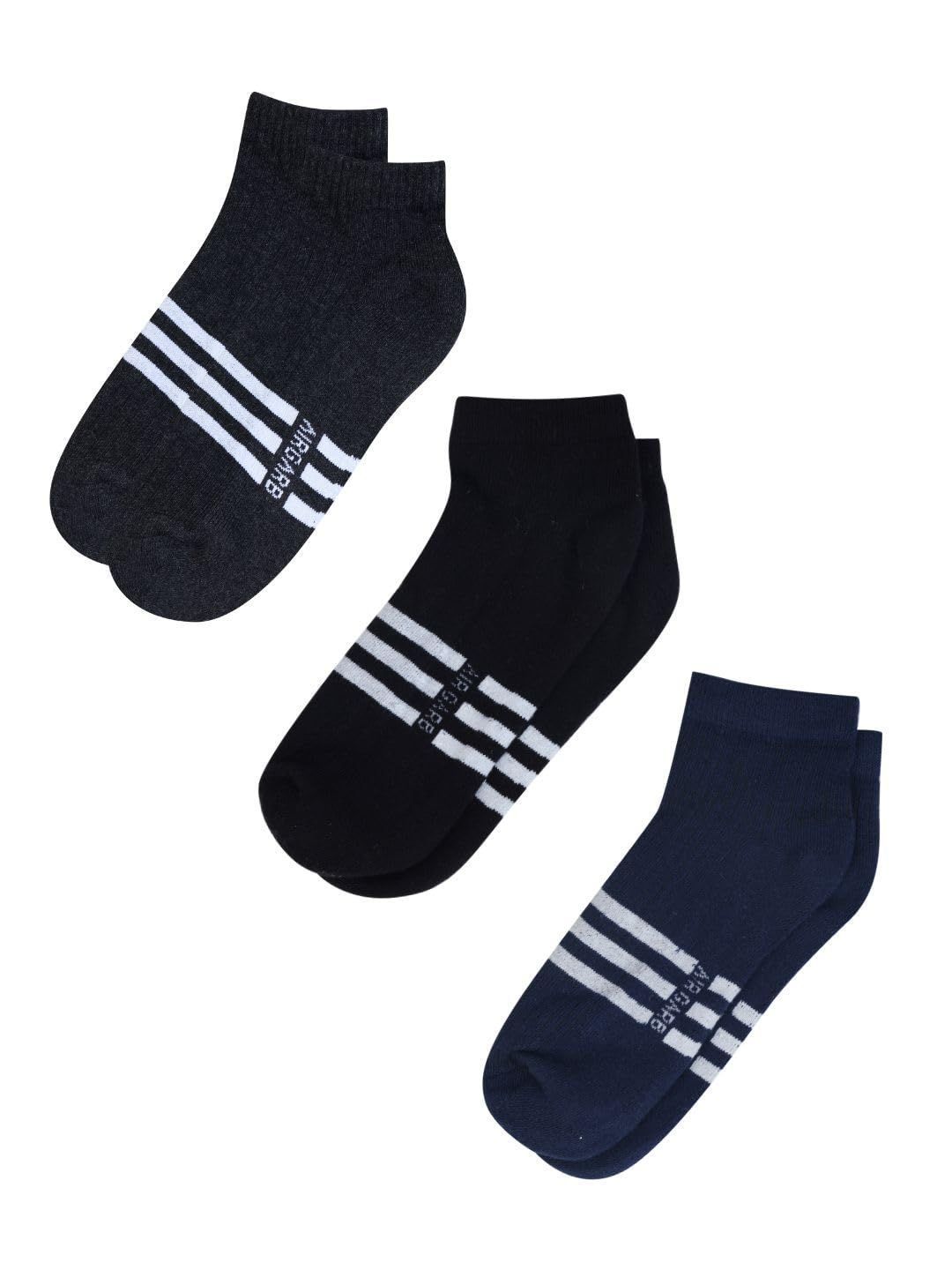 AirGarb Stylish Striped Low Ankle Cotton Socks for Men and Women: Comfortable Cushioning & Breathable Design (Pack of 3) - AST3MBLB