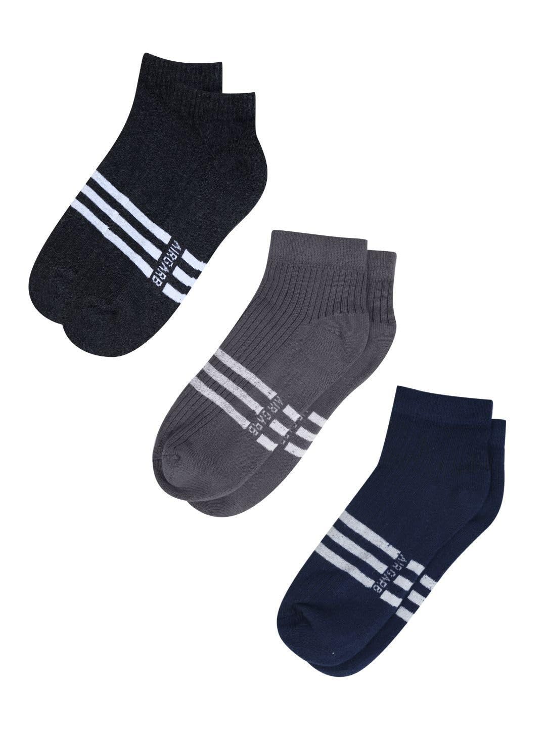 AirGarb Stylish Striped Low Ankle Cotton Socks for Men and Women: Comfortable Cushioning & Breathable Design (Pack of 3) - Multi