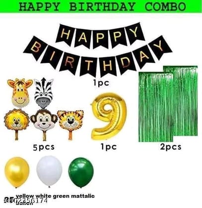 Jungle Safari Theme Happy Birthday Decoration Kit with Animals Balloons, Number Balloon and Foil Curtains for Kids