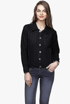 KANZUL -FASHION PASSION Women's Cotton Denim Jacket (Black, Large)