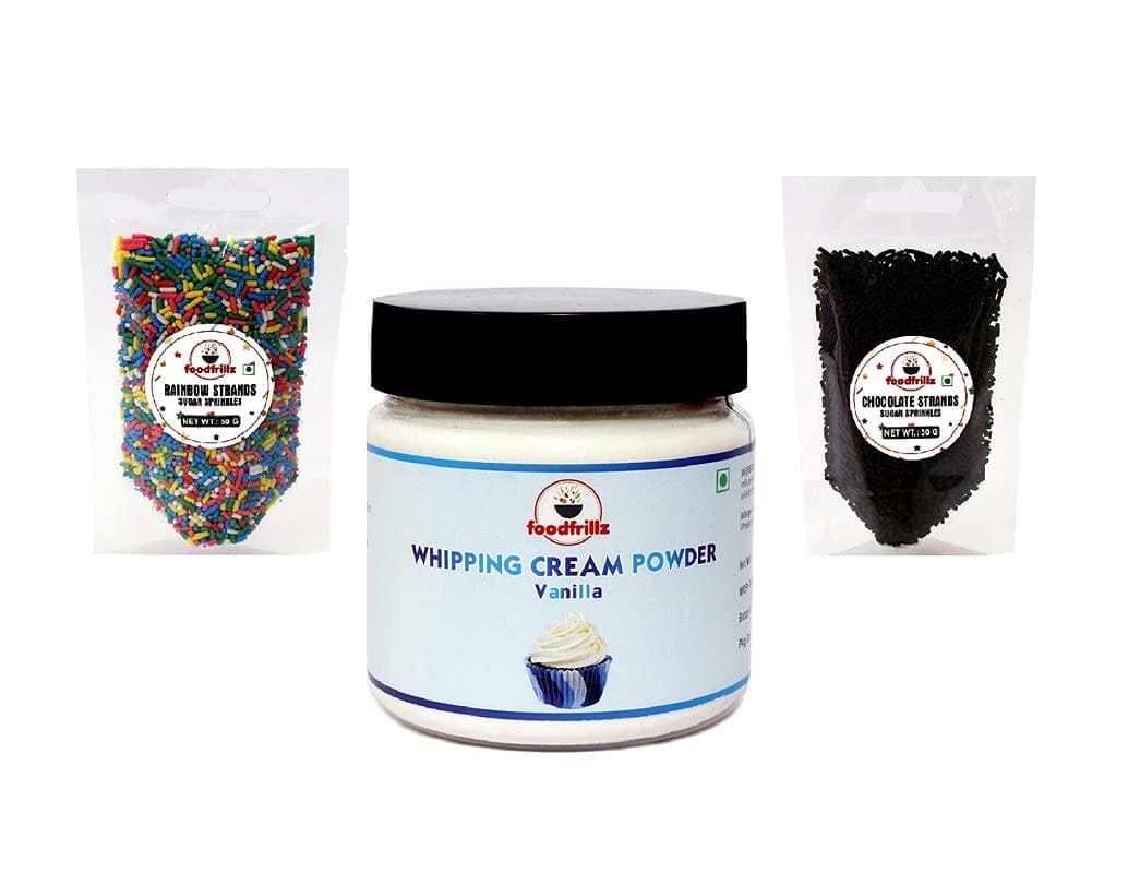foodfrillz Whipping Cream Powder - All-purpose/Vanilla (100 g) + Rainbow Sprinkles (50 g) + Chocolate Strands Sprinkles (50 g) Pack of 3