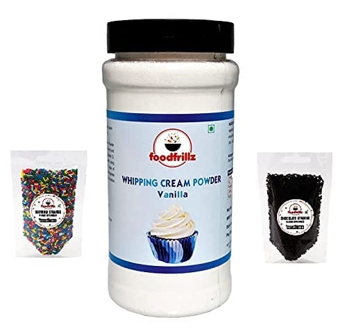foodfrillz Whipping Cream Powder - All Purpose Vanilla (200 g) + Rainbow Strands (50 g) + Chocolate Strands Sprinkles (50 g)