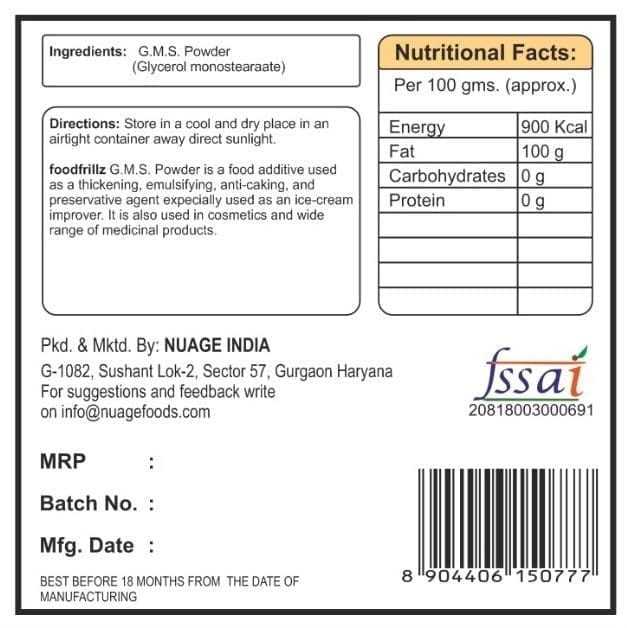 foodfrillz GMS Powder Glycerol Monostearate for Ice Creams | Food Grade | Soft, Smooth and Creamy | Raising Ingredient Powder | Instant Ice Creams - 100g (Pack of 1)