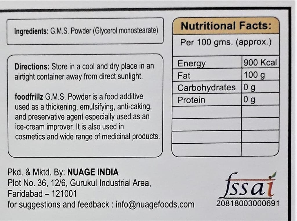 foodfrillz GMS Powder Glycerol Monostearate for Ice Creams | Food Grade | Soft, Smooth and Creamy | Raising Ingredient Powder | Instant Ice Creams - 100g (Pack of 1)