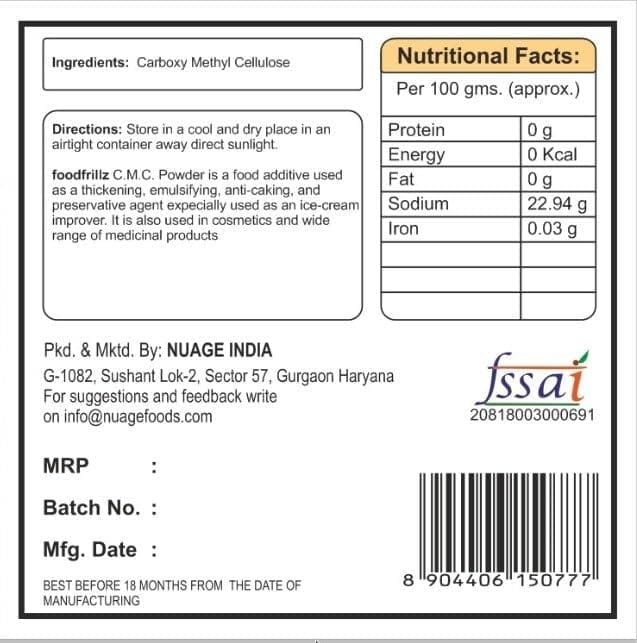 foodfrillz CMC Carboxy Methyl Cellulose Powder | Raising Ingredient Powder | Food Grade | Soft, Smooth and Creamy | Instant Cake Premixes, Ice Creams - 100 g