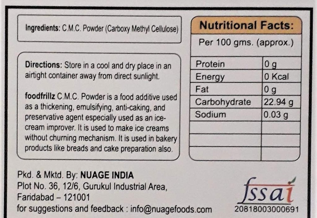 foodfrillz CMC Carboxy Methyl Cellulose Powder | Raising Ingredient Powder | Food Grade | Soft, Smooth and Creamy | Instant Cake Premixes, Ice Creams - 100 g