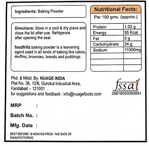 foodfrillz Aluminium Free Double Acting Baking Powder for Better Fluffiness & Zero Metallic Aftertaste, Double Acting Baking Powder for Baking Cake, Breads, Pizza, Muffins, Dhokla, , Naans, Idlis - 100gm