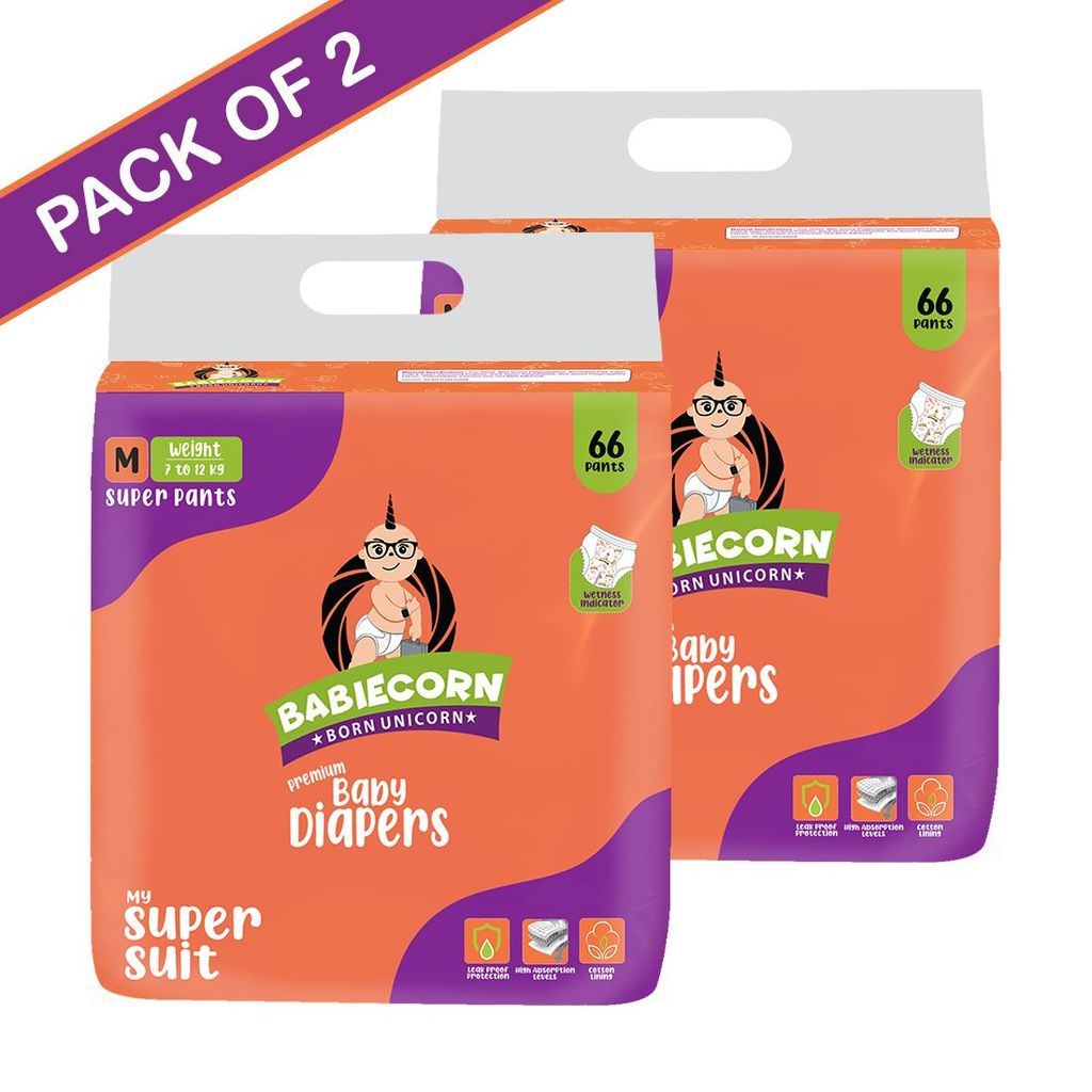 BABIECORN My Super Suit Baby Diaper Pants with Wetness Indicator 7 to 12kg - M (132 Pieces)