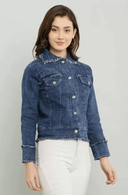 Saira Fashion Raw Edge Dark Blue Denim full sleevesJacket For Women