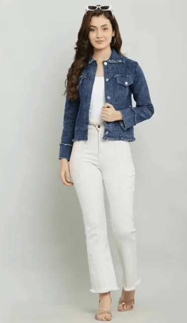 Saira Fashion Raw Edge Dark Blue Denim full sleevesJacket For Women