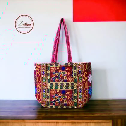 SUTLIYAN Rajasthani Handmade Double-Sided Embroidery Regular Red Tote Bag for Women