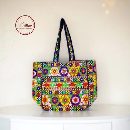 SUTLIYAN Gujarati Handmade Double-Sided Embroidery Regular Blue Tote Bag for Women