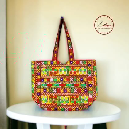 SUTLIYAN Gujarati Handmade Double-Sided Embroidery Regular Red Tote Bag for Women