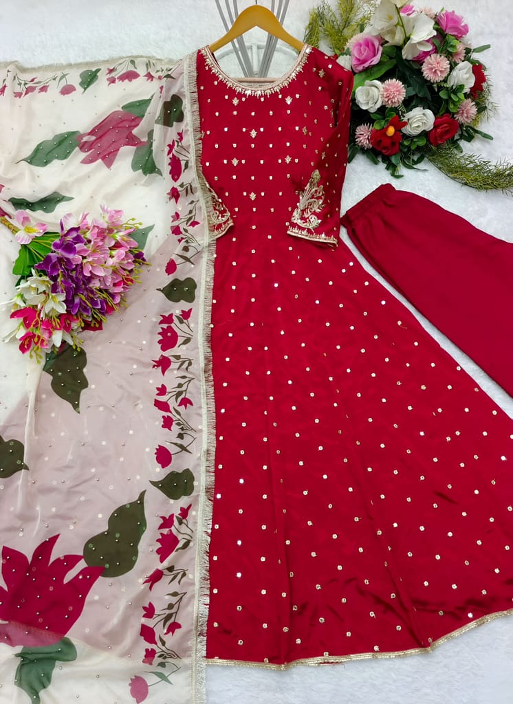 Red Ready to wear indian salwar kameez Dupatta for women anarkali cotton designer pakistani dresses Festival 3 piece