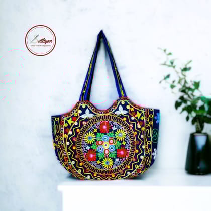 SUTLIYAN Jaipuri Handmade Double-Sided Embroidery Blue Large Tote Bag for Women
