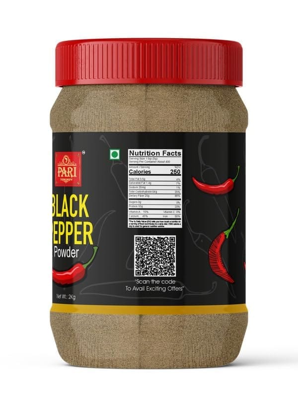 Pari Black Pepper Powder | Kali Mirch Powder | Gol Mirch Powder | Handpicked and Clean | Indian Spices | Chemical and Pesticides Free | Naturally Processed | (Pack of 1 x 2000g)