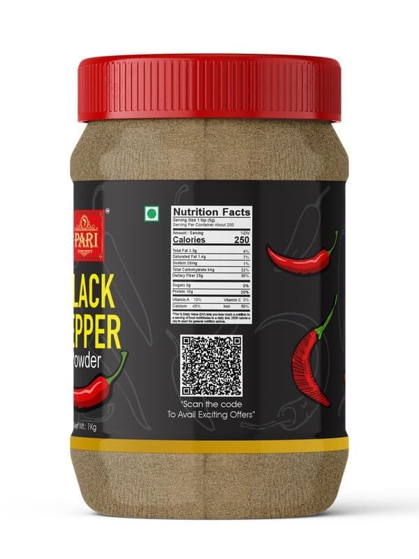 Pari Black Pepper Powder | Kali Mirch Powder | Gol Mirch Powder | Handpicked and Clean | Indian Spices | Chemical and Pesticides Free | Naturally Processed | (Pack of 1 x 1000g)