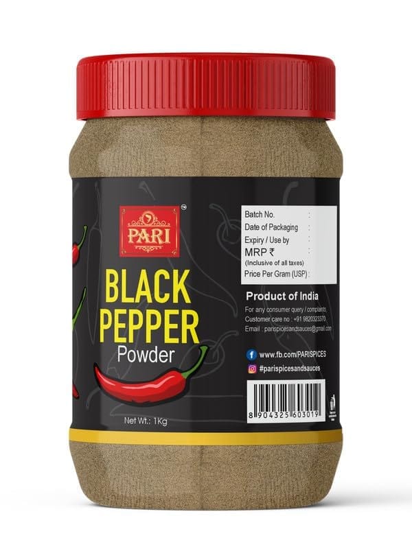 Pari Black Pepper Powder | Kali Mirch Powder | Gol Mirch Powder | Handpicked and Clean | Indian Spices | Chemical and Pesticides Free | Naturally Processed | (Pack of 1 x 1000g)