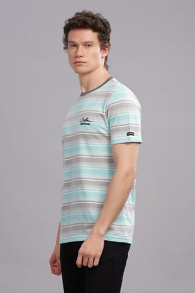 Men Striped Round Neck Polyester Blue T-Shirt
