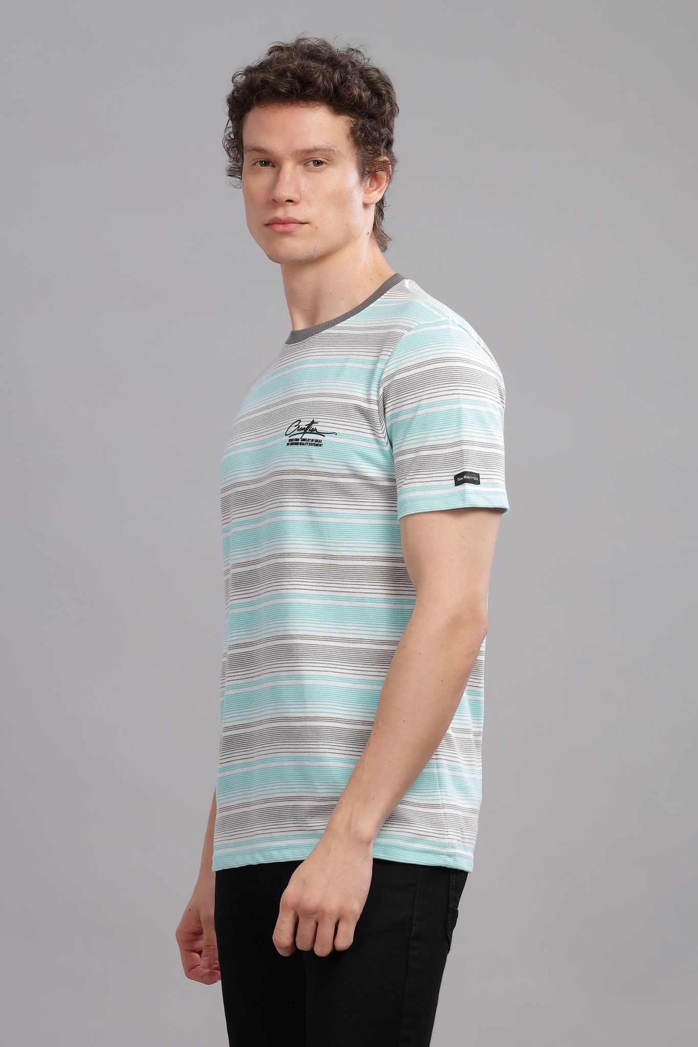 Men Striped Round Neck Polyester Blue T-Shirt
