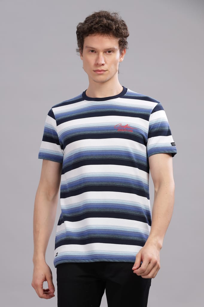 Men Striped Round Neck Polyester Blue T-Shirt